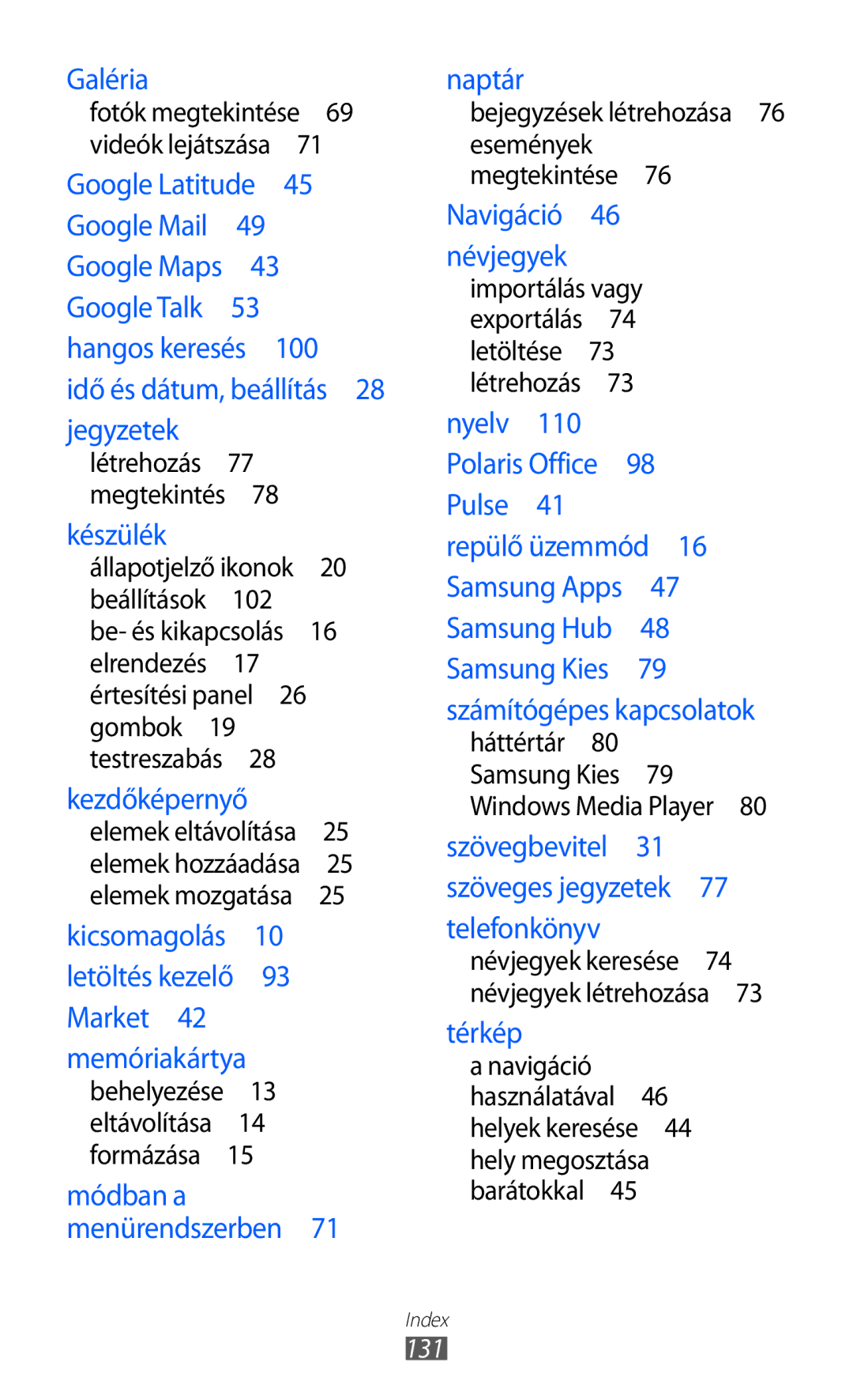 Samsung GT-P6210MAAXEH, GT-P6210UWAXEH manual Állapotjelző ikonok 20 beállítások , 131 